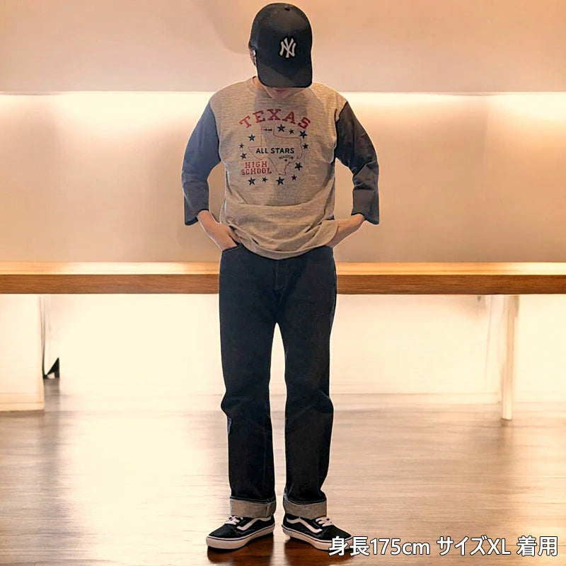 WAREHOUSE Lot 4800 7分袖 ベースボールT TEXAS Tシャツ 杢グレー ブラック ラウンドカット バイカラー 日本製