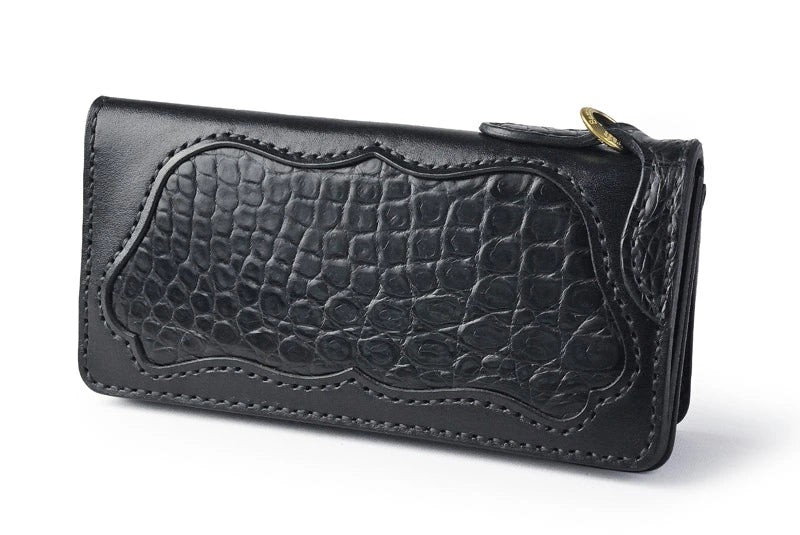 サムライクラフト ロングウォレット A-1 フラップレス 補強あり ブラックサドルレザー クロコダイル インレイ