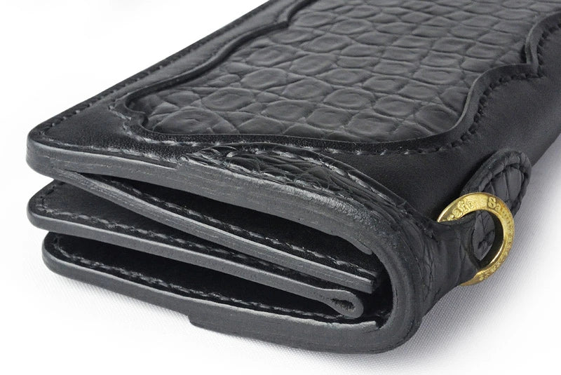 サムライクラフト ロングウォレット A-1 フラップレス 補強あり ブラックサドルレザー クロコダイル インレイ