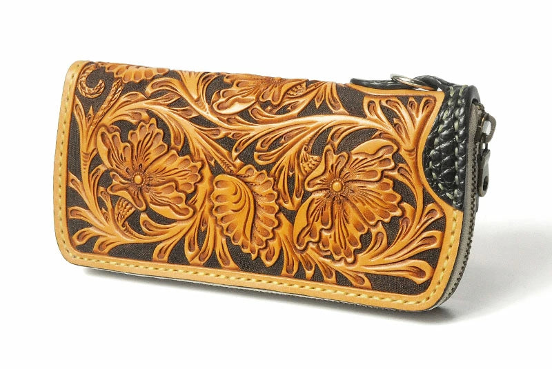 サムライクラフト ラウンドファスナー タイプ2 シェリダンスタイルカービング タンニング加工 クロコ ウォレットチェーン対応