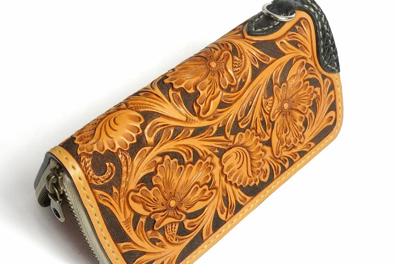 サムライクラフト ラウンドファスナー タイプ2 シェリダンスタイルカービング タンニング加工 クロコ ウォレットチェーン対応