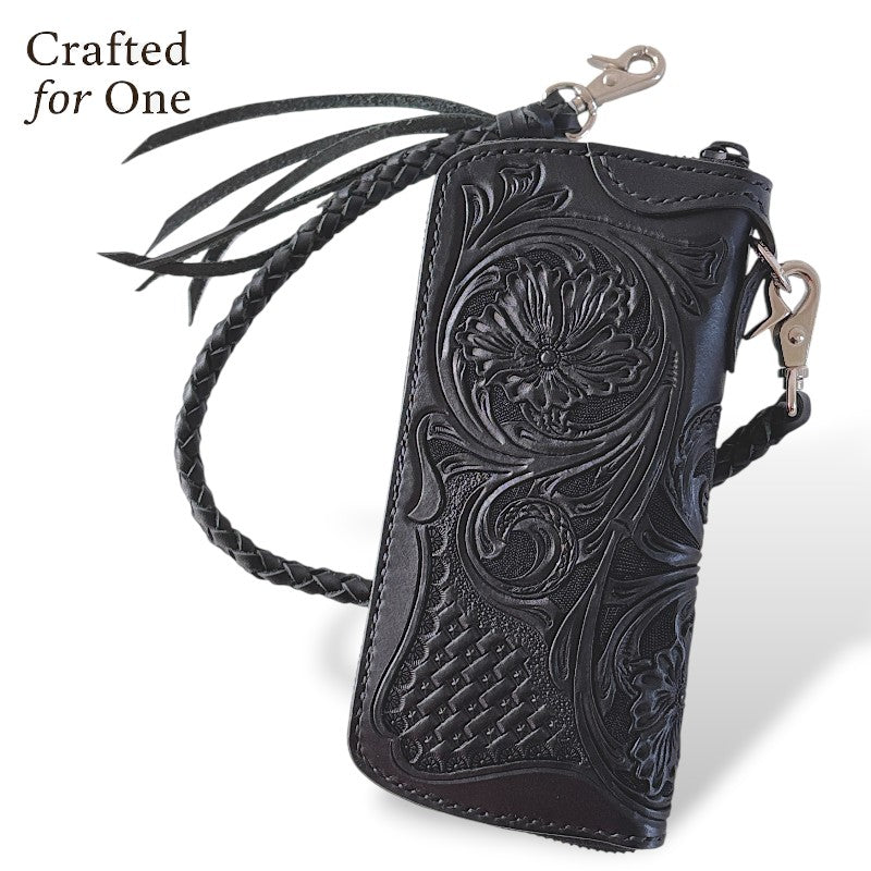 サムライクラフト シェリダンスタイルカービング ラウンドファスナーロングウォレット タイプ2 黒染 2点セット-Crafted for One-
