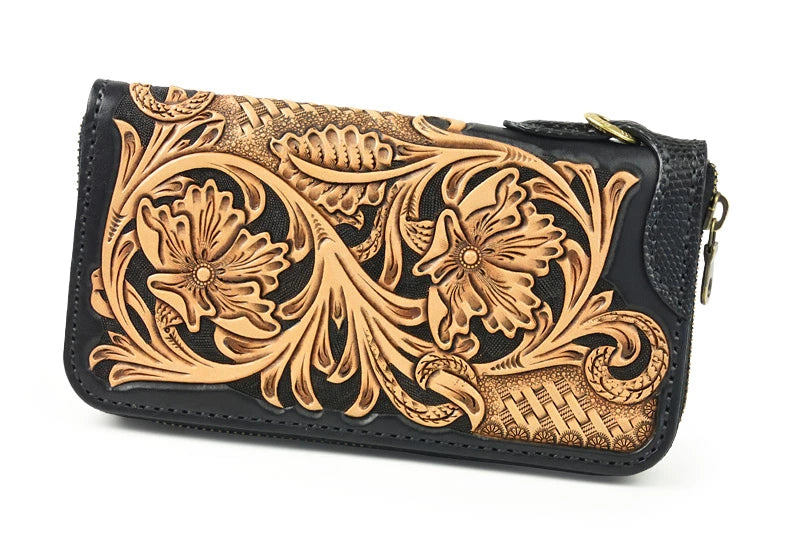 サムライクラフト ラウンドファスナー ロングウォレット タイプ1 黒染め シェリダンスタイルカービング バスケットウィーブ リザード ウォレットチェーン対応