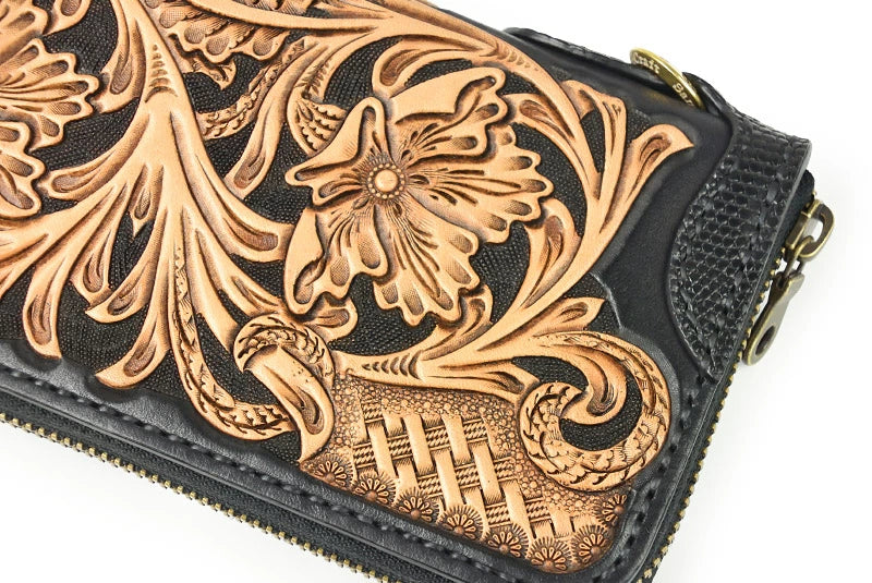 サムライクラフト ラウンドファスナー ロングウォレット タイプ1 黒染め シェリダンスタイルカービング バスケットウィーブ リザード ウォレットチェーン対応