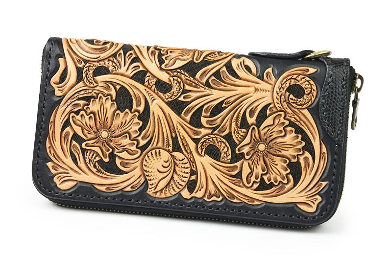 サムライクラフト ラウンドファスナー ロングウォレット タイプ1 シェリダンスタイルカービング 黒染め リザード ウォレットチェーン対応