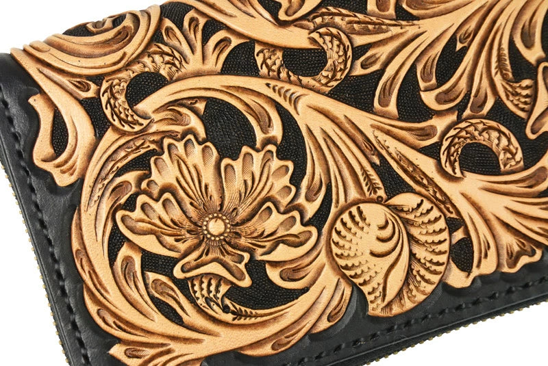 サムライクラフト ラウンドファスナー ロングウォレット タイプ1 シェリダンスタイルカービング 黒染め リザード ウォレットチェーン対応