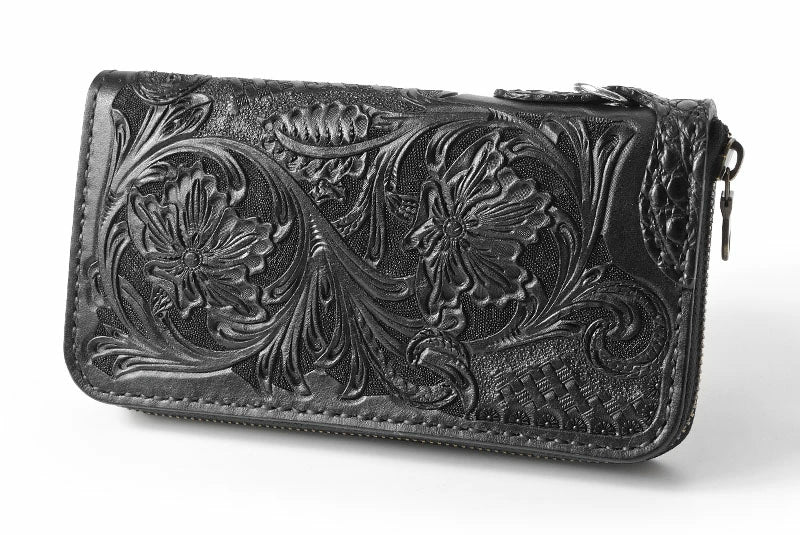 サムライクラフト ラウンドファスナー ロングウォレット タイプ1 シェリダンスタイルカービング ブラック バスケットウィーブ クロコ ウォレットチェーン対応