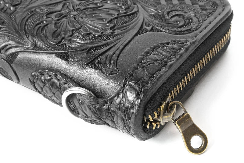 サムライクラフト ラウンドファスナー ロングウォレット タイプ1 シェリダンスタイルカービング ブラック バスケットウィーブ クロコ ウォレットチェーン対応