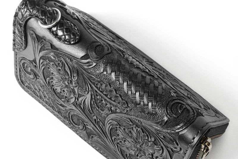 サムライクラフト ラウンドファスナー ロングウォレット タイプ1 シェリダンスタイルカービング ブラック バスケットウィーブ クロコ ウォレットチェーン対応