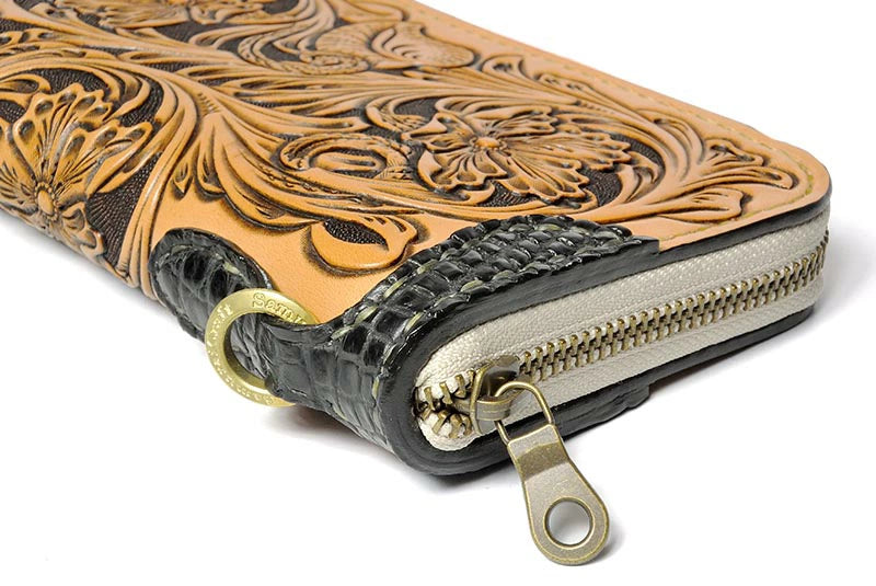 サムライクラフト ラウンドファスナー ロングウォレット タイプ1 シェリダンスタイルカービング  ワニ革 ウォレットチェーン対応