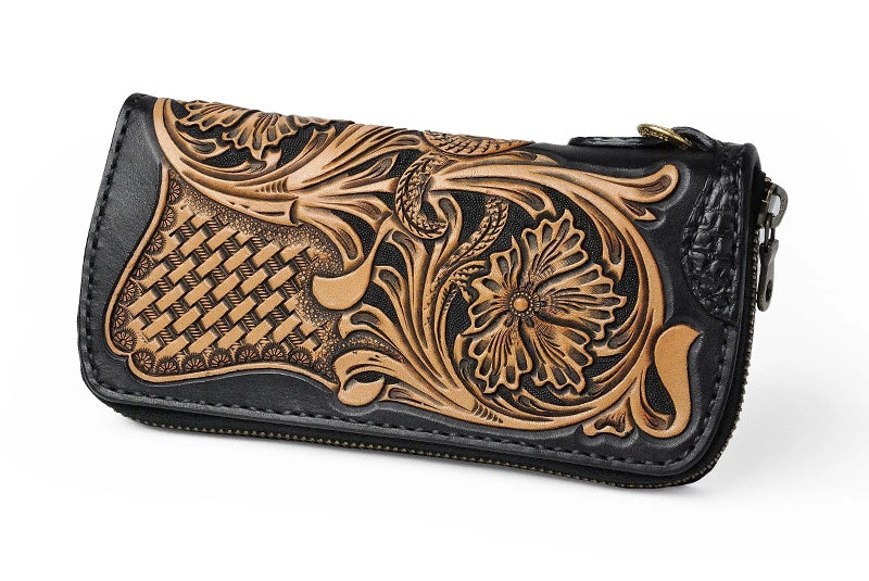 サムライクラフト ラウンドファスナー タイプ2 シェリダンスタイルカービング 黒染  バスケットウィーブ サドルレザー クロコ ウォレットチェーン対応