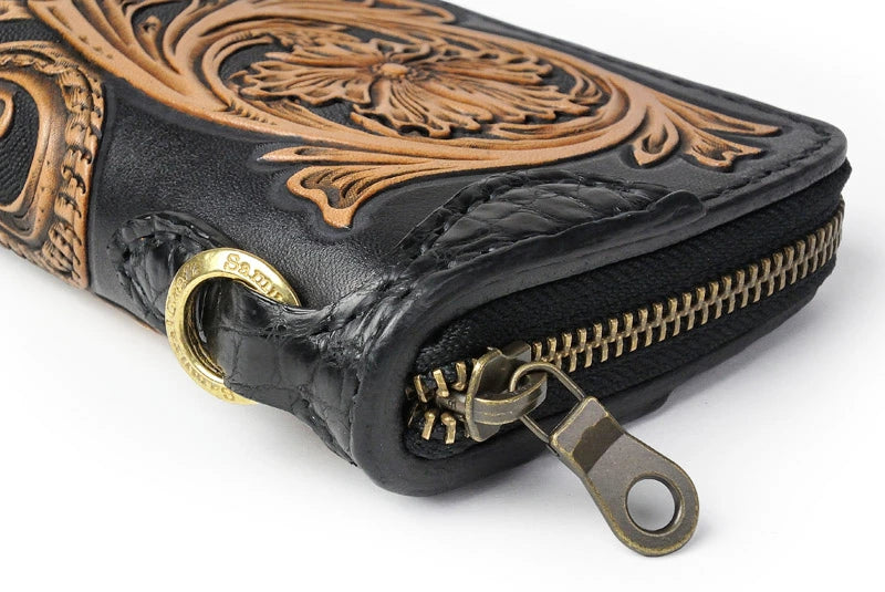 サムライクラフト ラウンドファスナー タイプ2 シェリダンスタイルカービング 黒染  バスケットウィーブ サドルレザー クロコ ウォレットチェーン対応