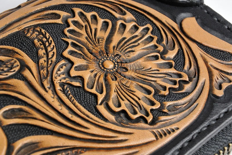 サムライクラフト ラウンドファスナー タイプ2 シェリダンスタイルカービング 黒染  バスケットウィーブ サドルレザー クロコ ウォレットチェーン対応