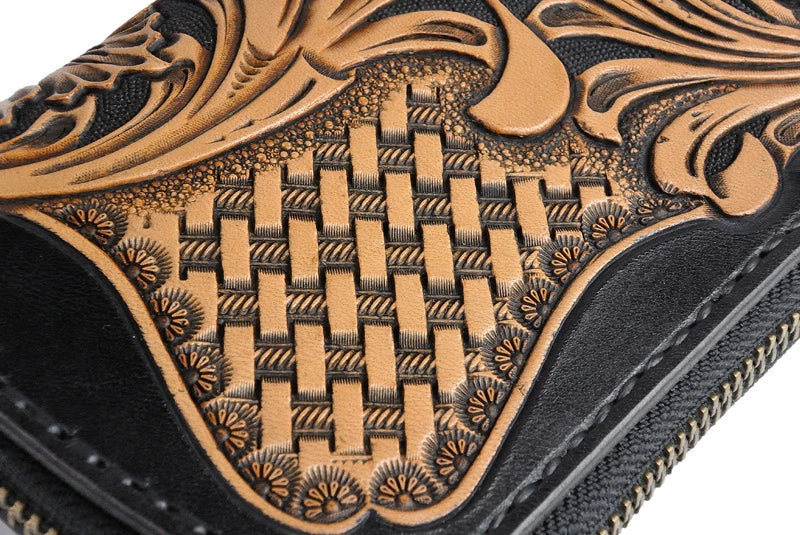 サムライクラフト ラウンドファスナー タイプ2 シェリダンスタイルカービング 黒染  バスケットウィーブ サドルレザー クロコ ウォレットチェーン対応