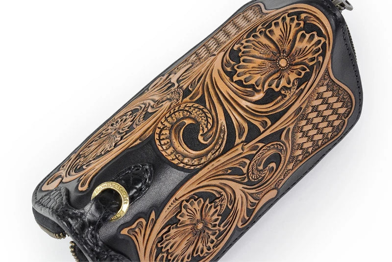 サムライクラフト ラウンドファスナー タイプ2 シェリダンスタイルカービング 黒染  バスケットウィーブ サドルレザー クロコ ウォレットチェーン対応