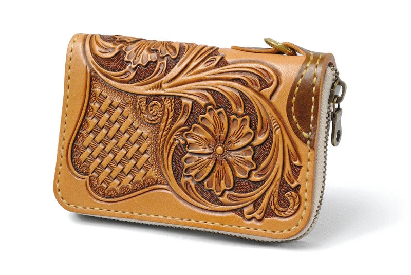 サムライクラフト ラウンドファスナー タイプ3 シェリダンスタイルカービング バスケットウィーブスタンピング タンニング加工 ルガトショルダー ウォレットチェーン対応