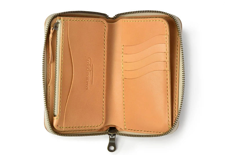 サムライクラフト ラウンドファスナー タイプ3 シェリダンスタイルカービング バスケットウィーブスタンピング タンニング加工 ルガトショルダー ウォレットチェーン対応