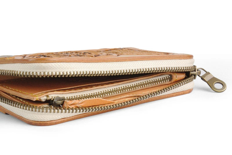 サムライクラフト ラウンドファスナー タイプ3 シェリダンスタイルカービング バスケットウィーブスタンピング タンニング加工 ルガトショルダー ウォレットチェーン対応