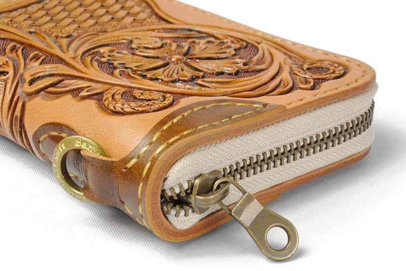 サムライクラフト ラウンドファスナー タイプ3 シェリダンスタイルカービング バスケットウィーブスタンピング タンニング加工 ルガトショルダー ウォレットチェーン対応