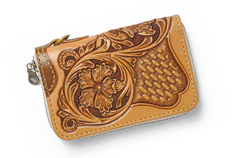 サムライクラフト ラウンドファスナー タイプ3 シェリダンスタイルカービング バスケットウィーブスタンピング タンニング加工 ルガトショルダー ウォレットチェーン対応