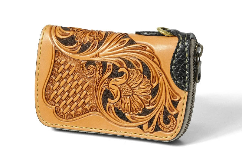 サムライクラフト ラウンドファスナー タイプ3-R シェリダンスタイルカービング バスケットウィーブスタンピング タンニング加工 ウォレットチェーン対応