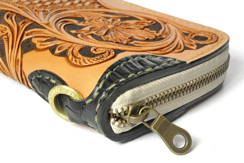 サムライクラフト ラウンドファスナー タイプ3-R シェリダンスタイルカービング バスケットウィーブスタンピング タンニング加工 ウォレットチェーン対応