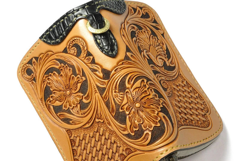 サムライクラフト ラウンドファスナー タイプ3-R シェリダンスタイルカービング バスケットウィーブスタンピング タンニング加工 ウォレットチェーン対応