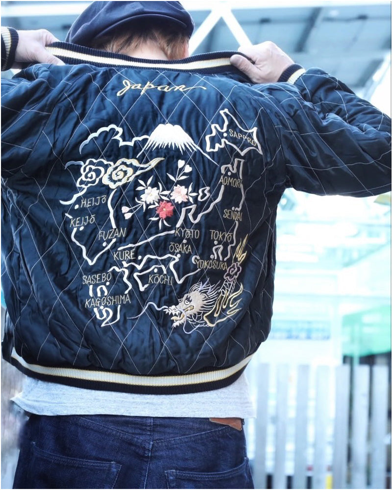 テーラー東洋 スーベニアジャケット スカジャン リバーシブル 別珍 中綿 キルティング タイガー 虎 ジャパンマップ 日本地図 富士山 TT15792-128 ネイビー