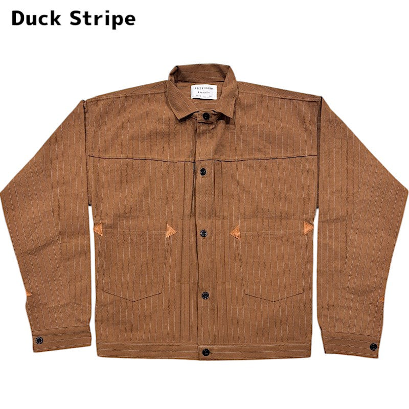 WAREHOUSE Lot 2214 HEAVY LEATHER BOUND BLOUSE ダックストライプ ブラウン ヴィンテージ ワークウェア Gジャン ジャケット ノンウォッシュ 日本製