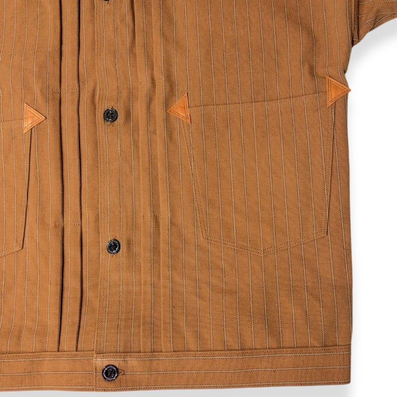 WAREHOUSE Lot 2214 HEAVY LEATHER BOUND BLOUSE ダックストライプ ブラウン ヴィンテージ ワークウェア Gジャン ジャケット ノンウォッシュ 日本製