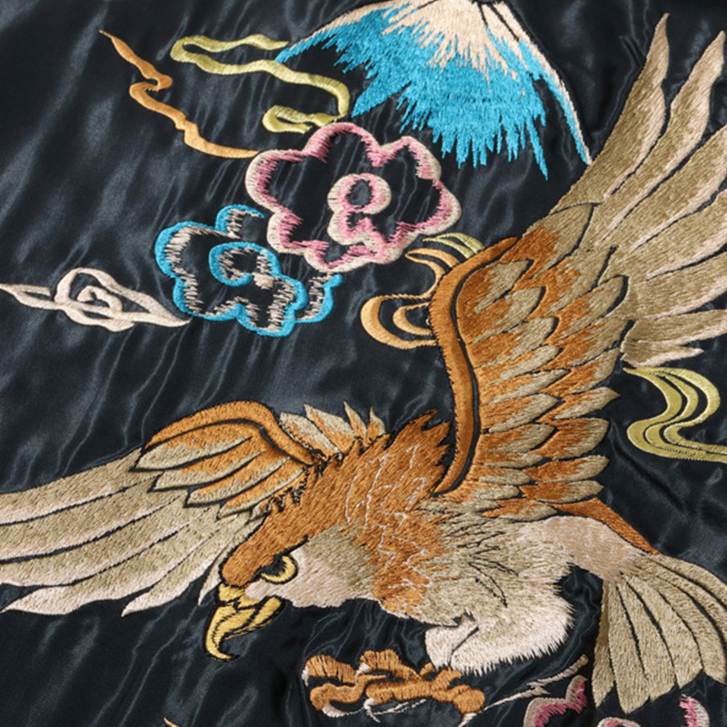 アルテミスのアウター【鏡花水月】鷹 鷲 赤富士 刺繍 和柄スカジャン XL メタリックグリーン